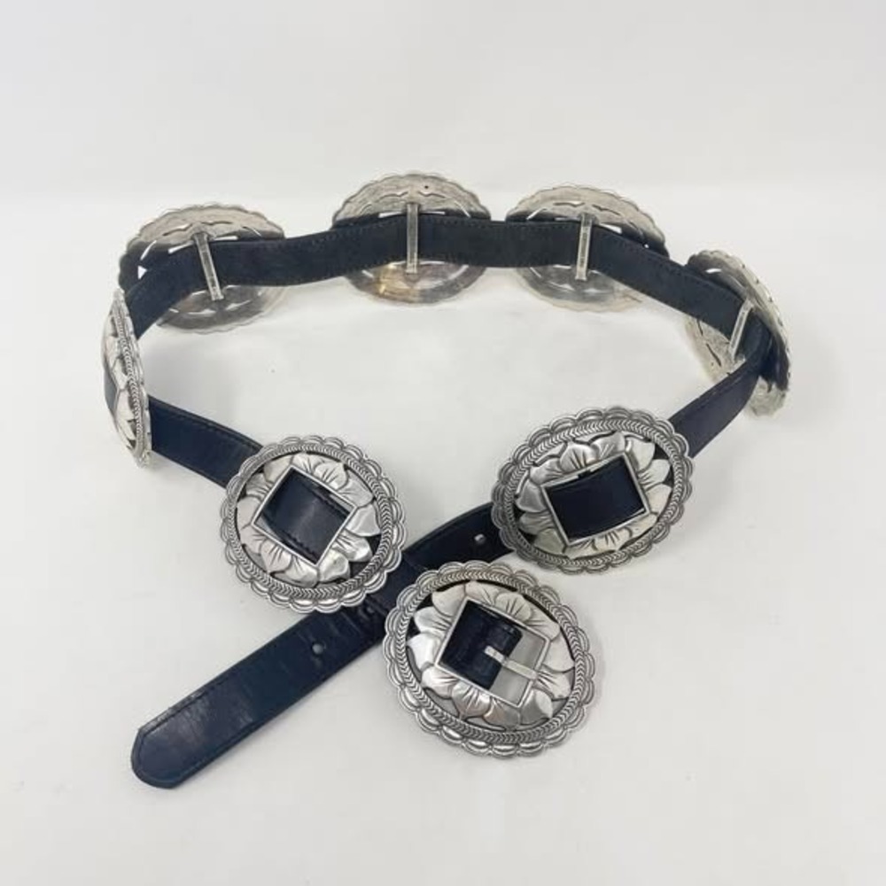 Vintage Brighton Concho Belt #47303 Sunflower Silver Black Leather Southwest USA
